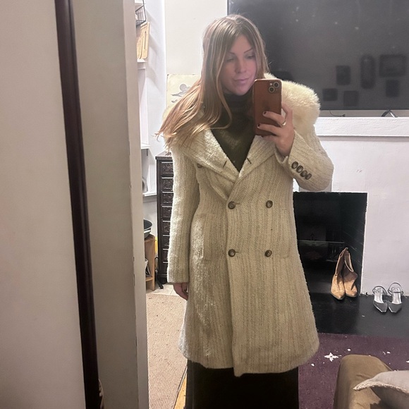 vintage perry ellis tan gray full length wool blend coat fur hood collar - Picture 2 of 13